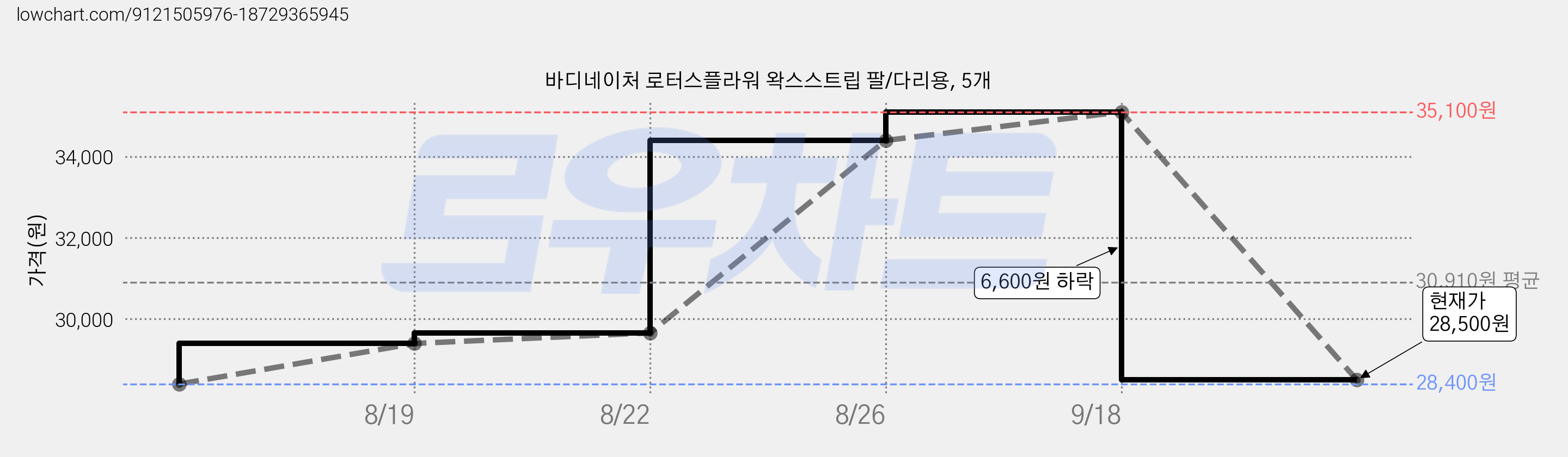 바디네이처 로터스플라워 왁스스트립 팔/다리용, 5개 가격 변동 차트, 현재가 28,500원, 관측 최저가 28,400원
