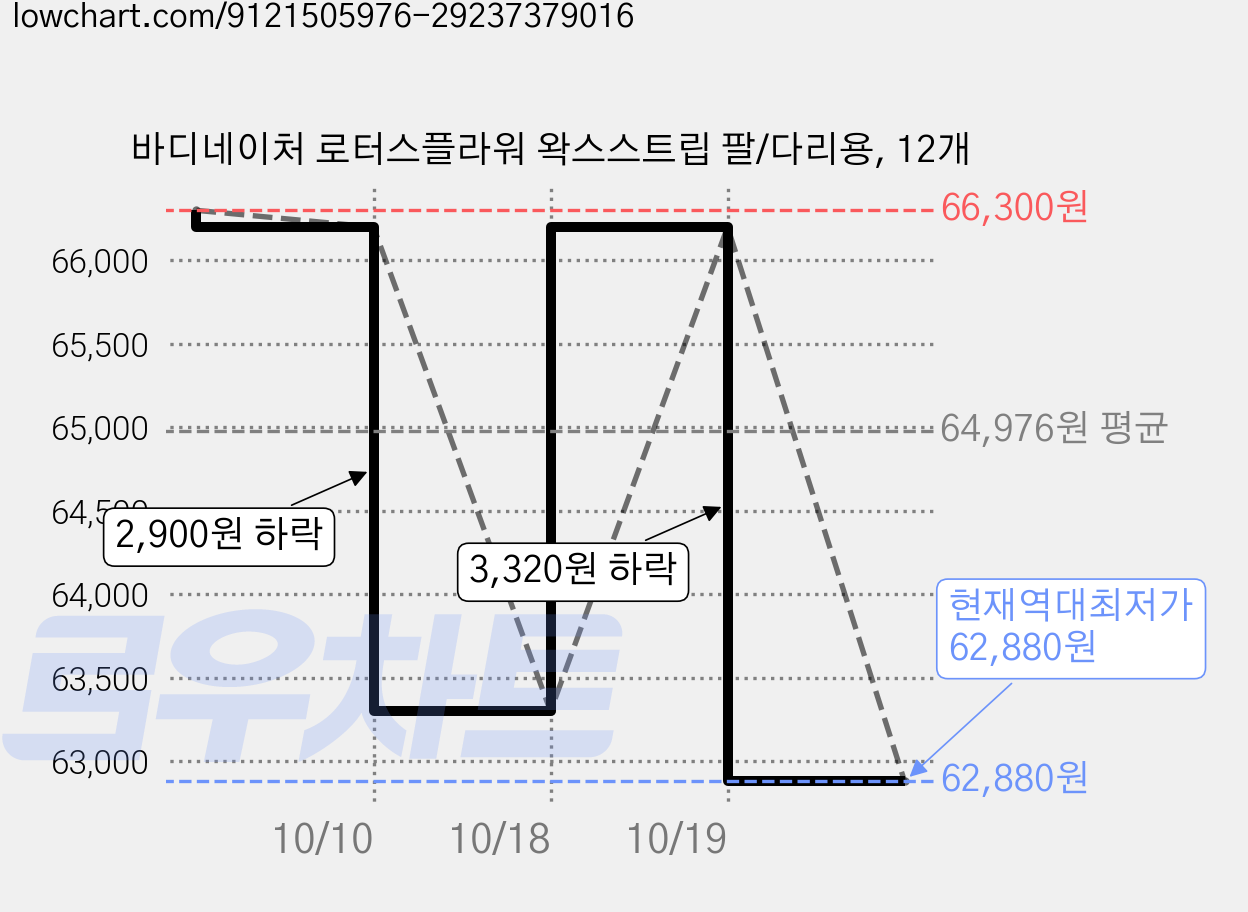바디네이처 로터스플라워 왁스스트립 팔/다리용, 12개 가격 변동 차트, 현재가 62,880원, 역대최저가