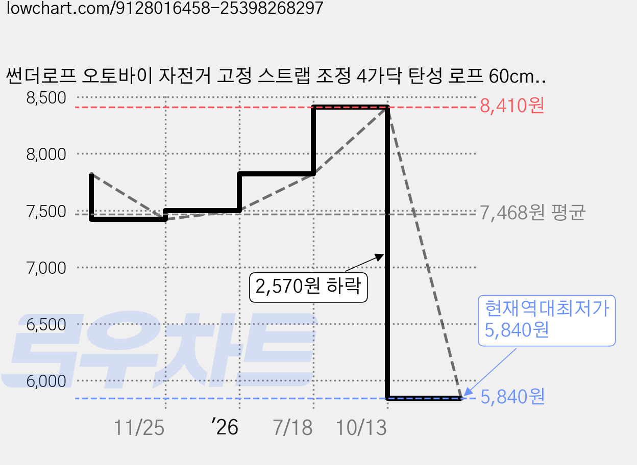 썬더로프 오토바이 자전거 고정 스트랩 조정 4가닥 탄성 로프 60cm+90cm 2가지 묶음 세트, 2개, 블랙 가격 변동 차트, 현재가 5,840원, 역대최저가