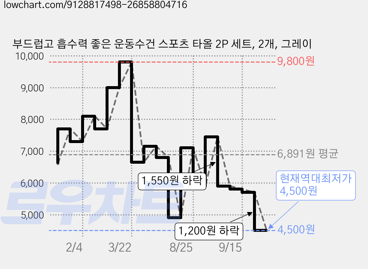 부드럽고 흡수력 좋은 운동수건 스포츠 타올 2P 세트, 2개, 그레이 가격 변동 차트, 현재가 4,500원, 역대최저가
