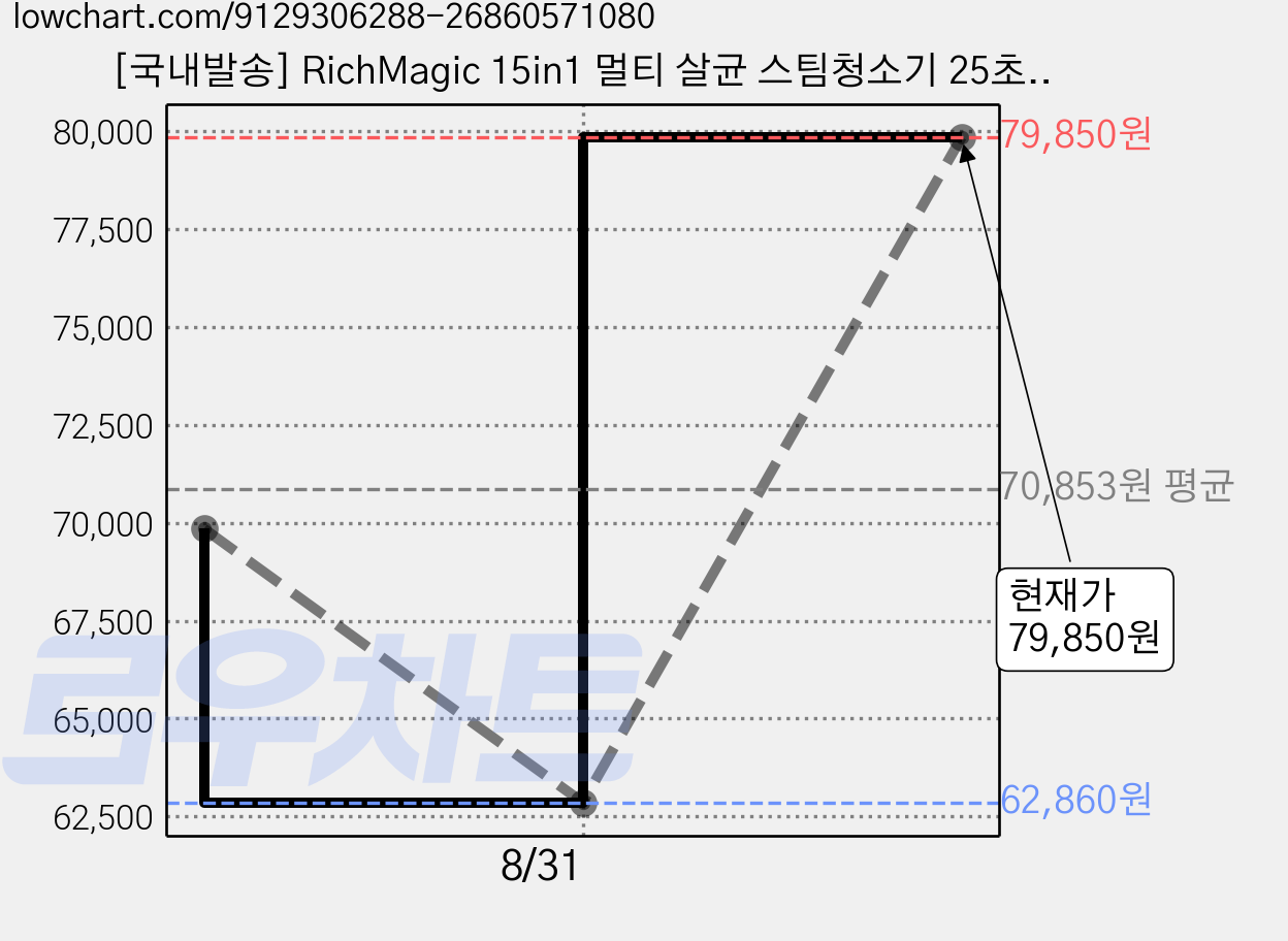 [국내발송] RichMagic 15in1 멀티 살균 스팀청소기 25초 즉열식 스팀 클리너 다용도 고온 스팀 청소기 주방 기름때 세척기, 흰색, HEB-805D 가격 변동 차트, 현재가 79,850원, 관측 최저가 62,860원
