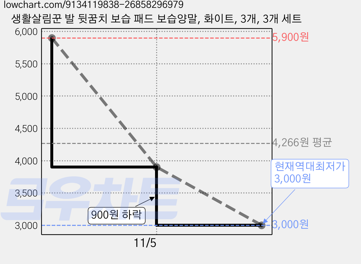 생활살림꾼 발 뒷꿈치 보습 패드 보습양말, 화이트, 3개, 3개 세트 가격 변동 차트, 현재가 3,000원, 역대최저가