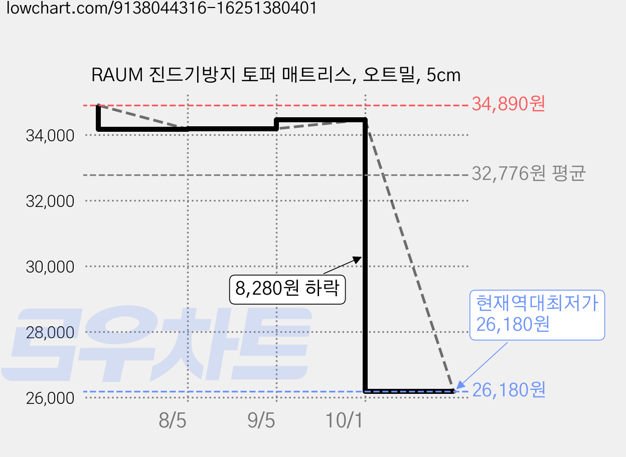 RAUM 진드기방지 토퍼 매트리스, 오트밀, 5cm 가격 변동 차트, 현재가 26,180원, 역대최저가