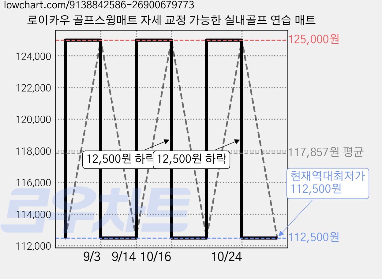 로이카우 골프스윙매트 자세 교정 가능한 실내골프 연습 매트 가격 변동 차트, 현재가 112,500원, 역대최저가