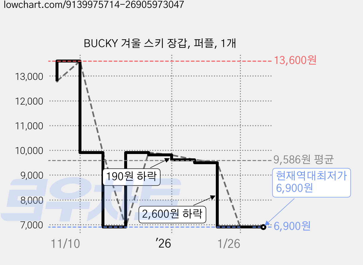 BUCKY 겨울 스키 장갑, 퍼플, 1개 가격 변동 차트, 현재가 6,900원, 역대최저가