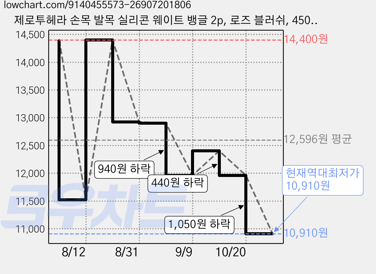 제로투헤라 손목 발목 실리콘 웨이트 뱅글 2p, 로즈 블러쉬, 450g 가격 변동 차트, 현재가 10,910원, 역대최저가