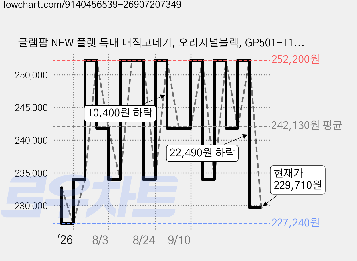 글램팜 NEW 플랫 특대 매직고데기, 오리지널블랙, GP501-T1.0 가격 변동 차트, 현재가 229,710원, 관측 최저가 227,240원