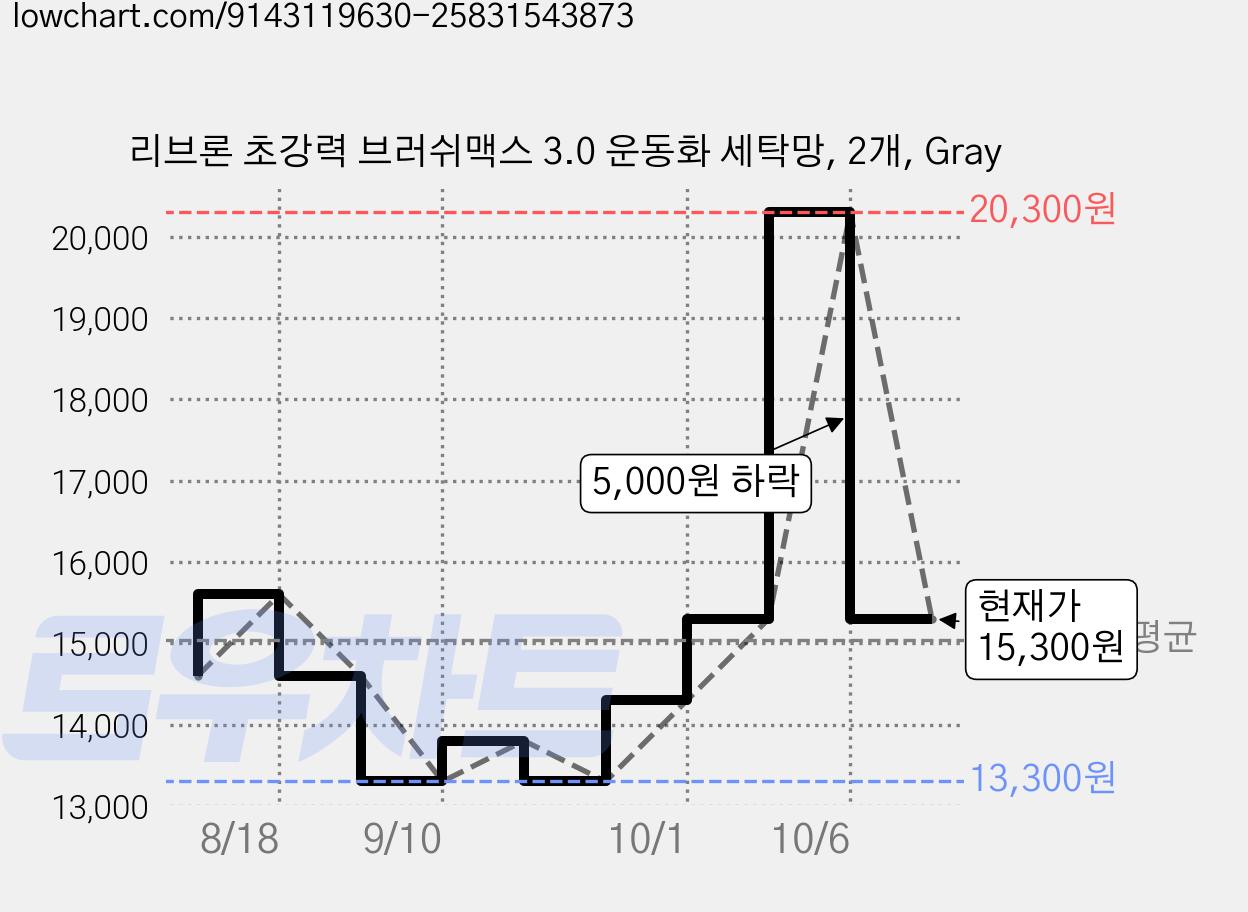 리브론 초강력 브러쉬맥스 3.0 운동화 세탁망, 2개, Gray 가격 변동 차트, 현재가 15,300원, 관측 최저가 13,300원