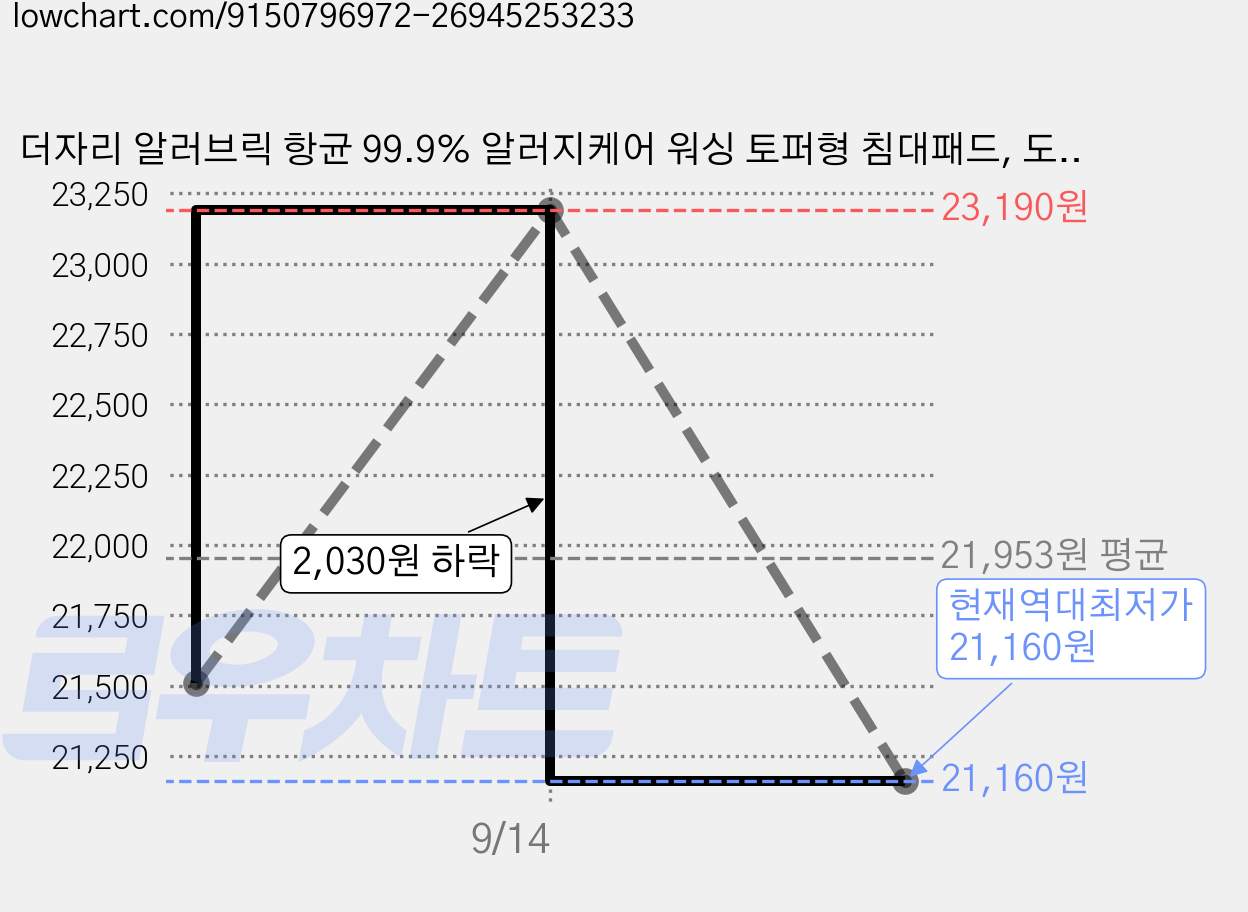 더자리 알러브릭 항균 99.9% 알러지케어 워싱 토퍼형 침대패드, 도브그레이 가격 변동 차트, 현재가 21,160원, 역대최저가