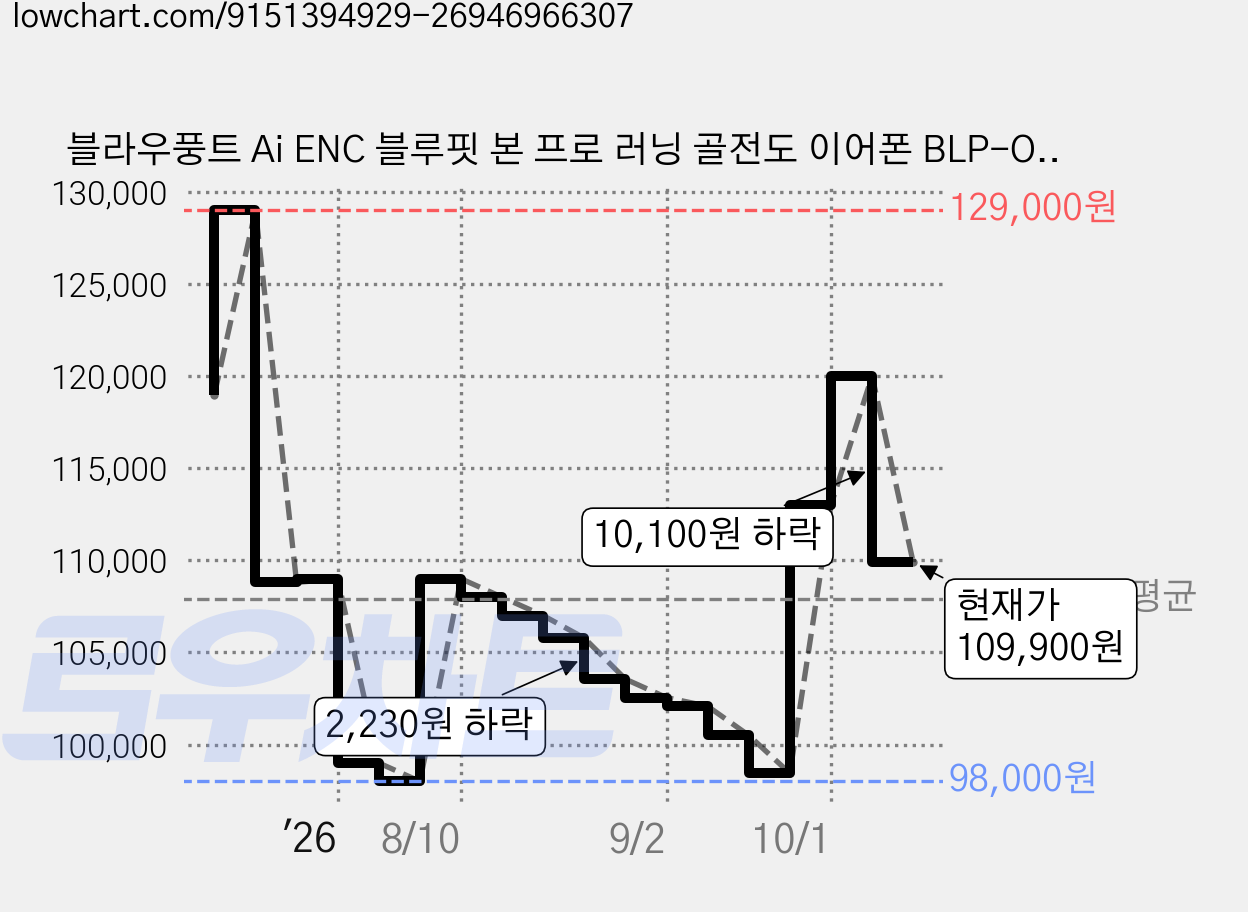 블라우풍트 Ai ENC 블루핏 본 프로 러닝 골전도 이어폰 BLP-OE692K 블랙 8시간 방수가능 가격 변동 차트, 현재가 109,900원, 관측 최저가 98,000원