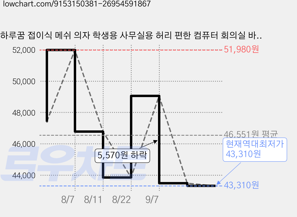 하루꿈 접이식 메쉬 의자 학생용 사무실용 허리 편한 컴퓨터 회의실 바퀴없는 실용 의자, 블랙 가격 변동 차트, 현재가 43,310원, 역대최저가