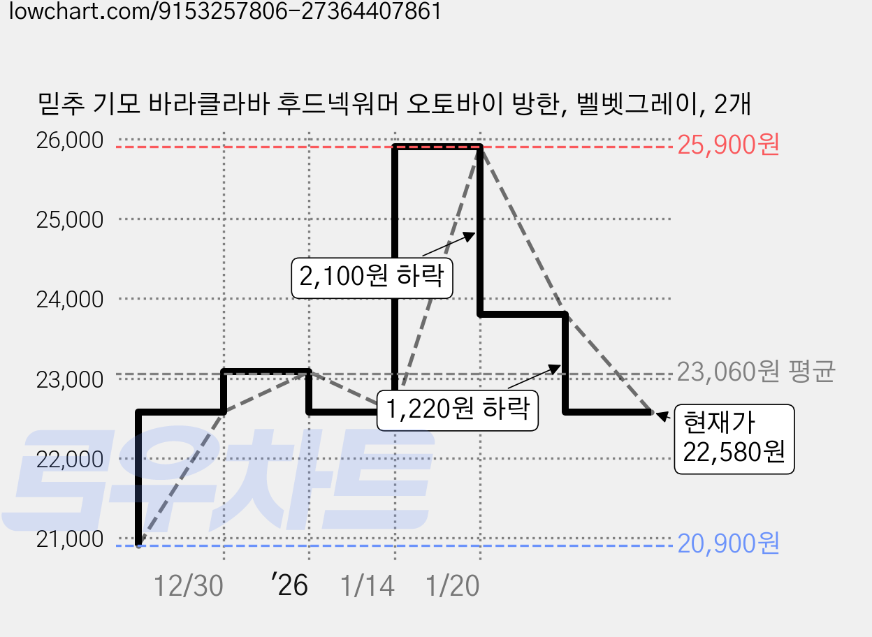 믿추 기모 바라클라바 후드넥워머 오토바이 방한, 벨벳그레이, 2개 가격 변동 차트, 현재가 22,580원, 관측 최저가 20,900원