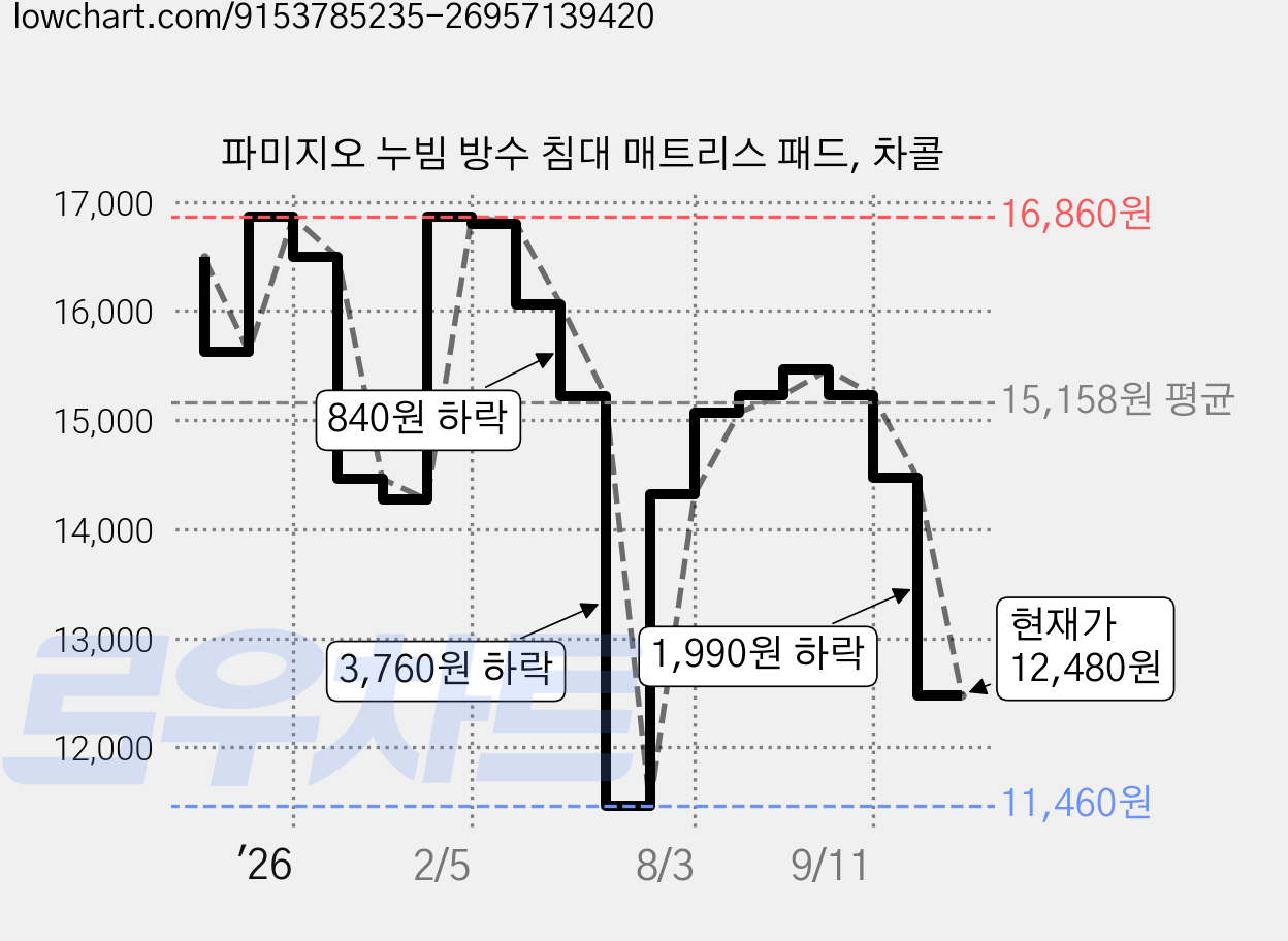 파미지오 누빔 방수 침대 매트리스 패드, 차콜 가격 변동 차트, 현재가 12,480원, 관측 최저가 11,460원