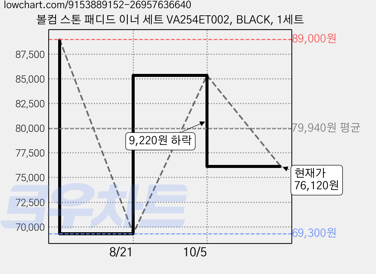 볼컴 스톤 패디드 이너 세트 VA254ET002, BLACK, 1세트 가격 변동 차트, 현재가 76,120원, 관측 최저가 69,300원