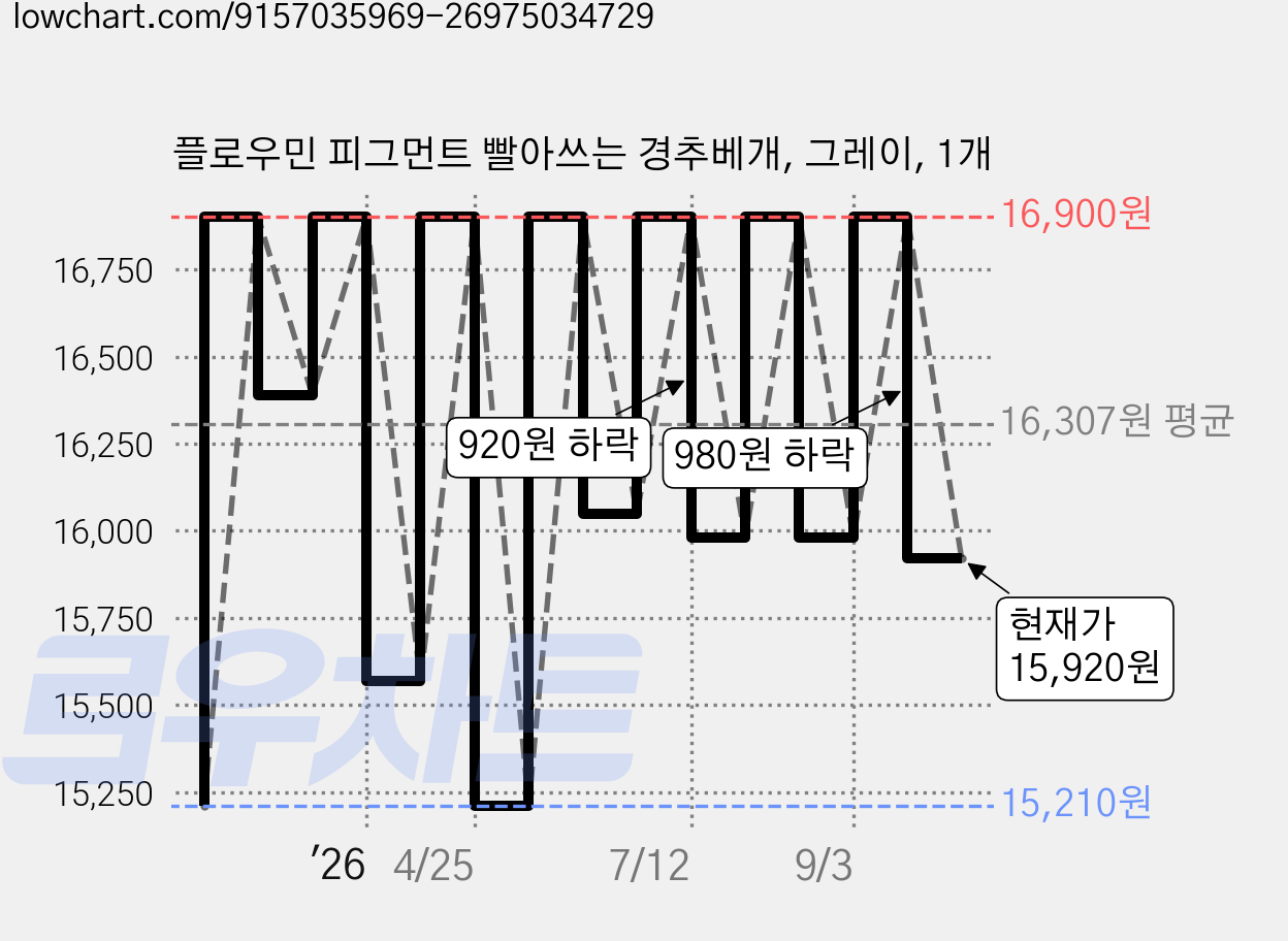 플로우민 피그먼트 빨아쓰는 경추베개, 그레이, 1개 가격 변동 차트, 현재가 15,920원, 관측 최저가 15,210원