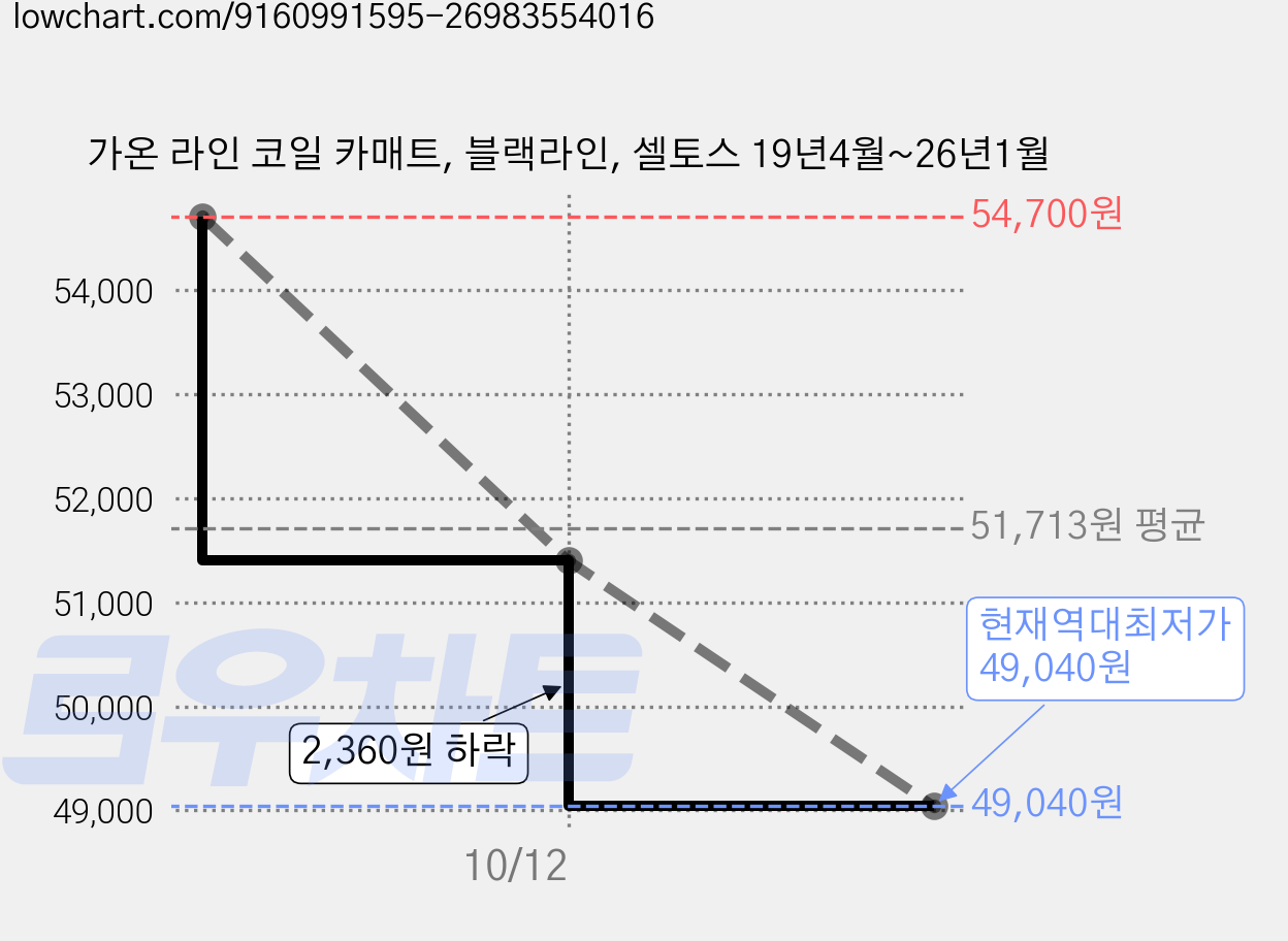 가온 라인 코일 카매트, 블랙라인, 셀토스 19년4월~26년1월 가격 변동 차트, 현재가 49,040원, 역대최저가