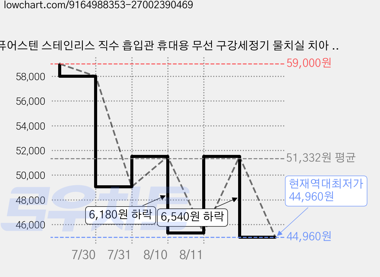 퓨어스텐 스테인리스 직수 흡입관 휴대용 무선 구강세정기 물치실 치아 칫솔 (팁케이스 사은품 증정) 가격 변동 차트, 현재가 44,960원, 역대최저가