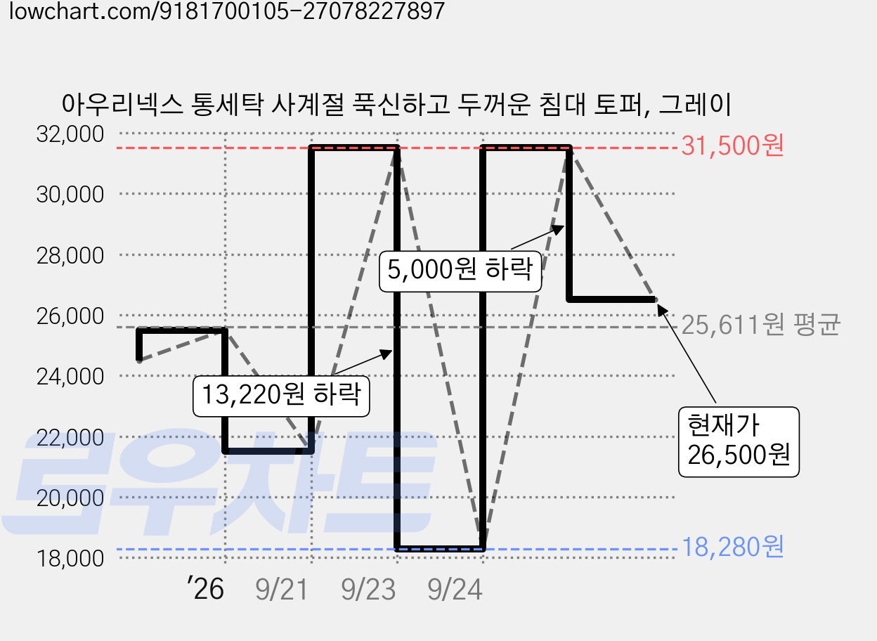 아우리넥스 통세탁 사계절 푹신하고 두꺼운 침대 토퍼, 그레이 가격 변동 차트, 현재가 26,500원, 관측 최저가 18,280원