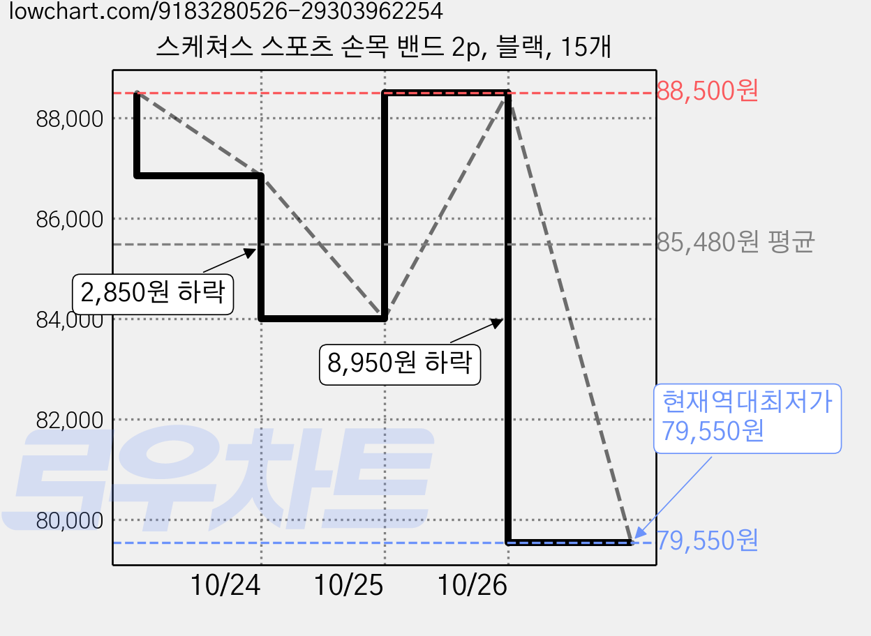 스케쳐스 스포츠 손목 밴드 2p, 블랙, 15개 가격 변동 차트, 현재가 79,550원, 역대최저가