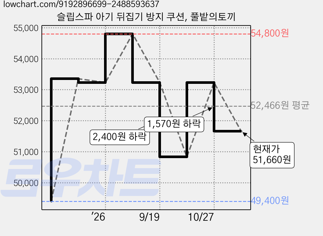 슬립스파 아기 뒤집기 방지 쿠션, 풀밭의토끼 가격 변동 차트, 현재가 51,660원, 관측 최저가 49,400원