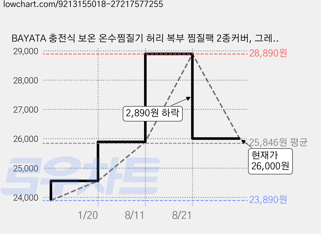 BAYATA 충전식 보온 온수찜질기 허리 복부 찜질팩 2종커버, 그레이, 24313 가격 변동 차트, 현재가 26,000원, 관측 최저가 23,890원