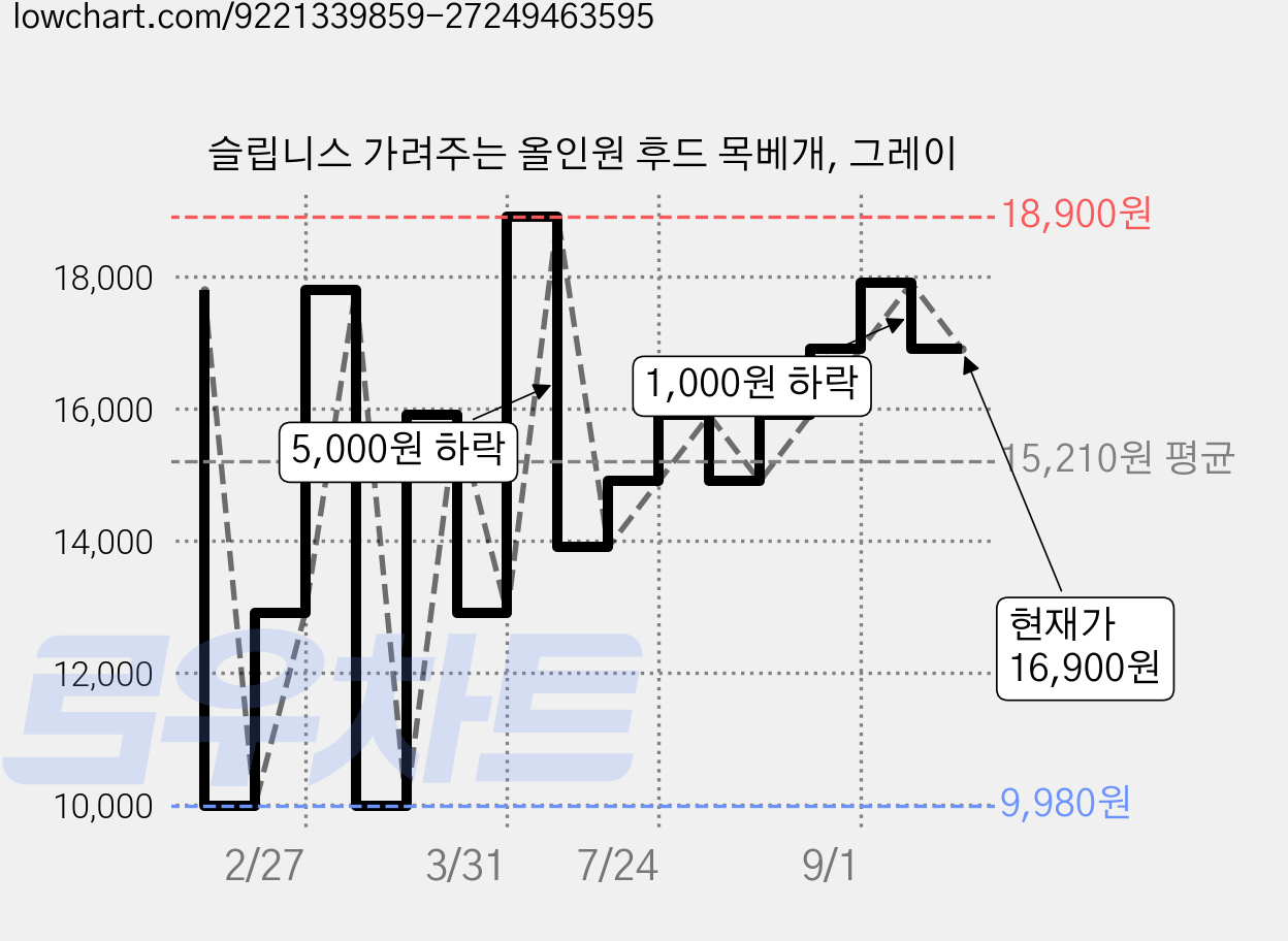 슬립니스 가려주는 올인원 후드 목베개, 그레이 가격 변동 차트, 현재가 16,900원, 관측 최저가 9,980원