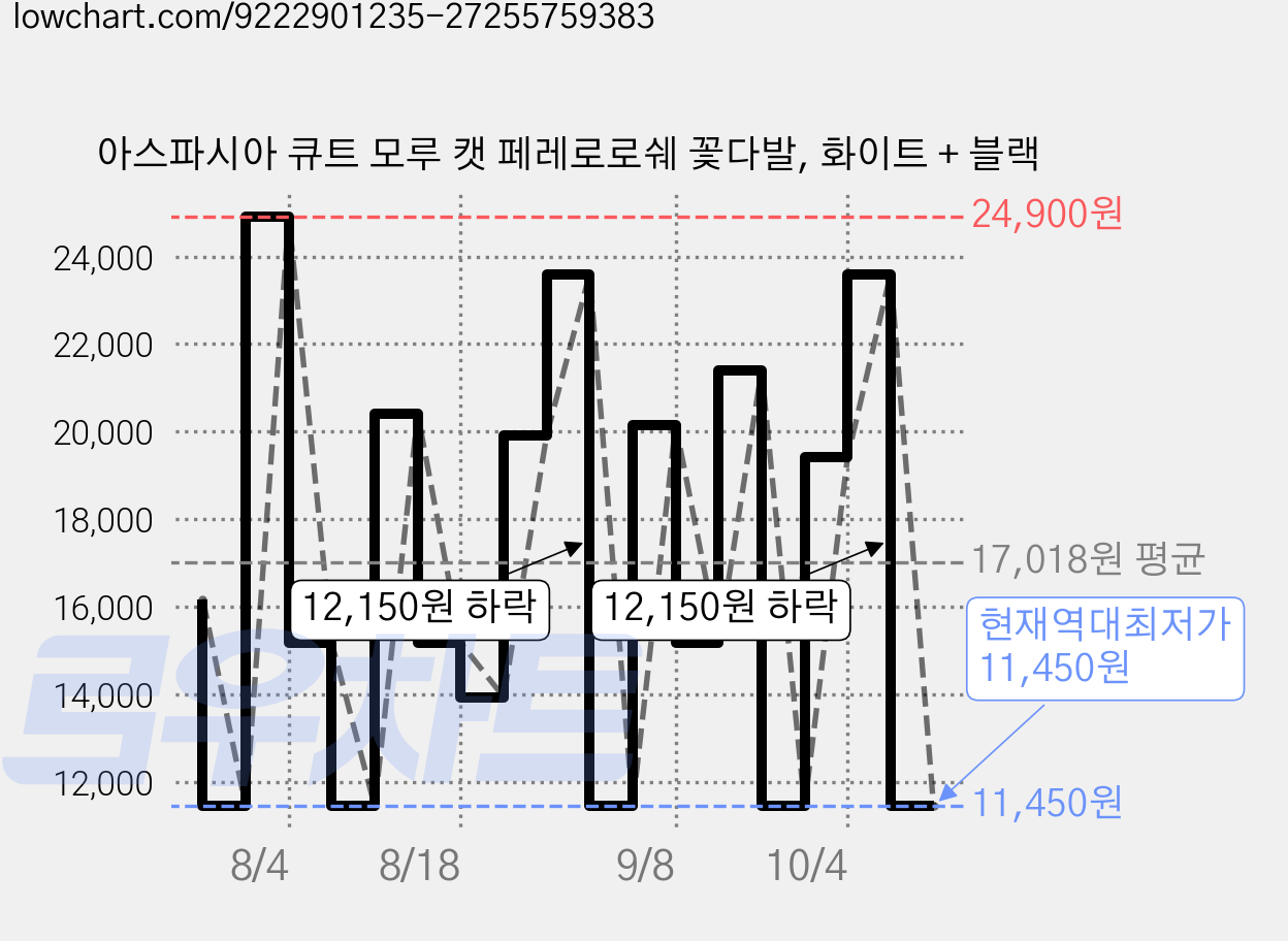 아스파시아 큐트 모루 캣 페레로로쉐 꽃다발, 화이트 + 블랙 가격 변동 차트, 현재가 11,450원, 역대최저가