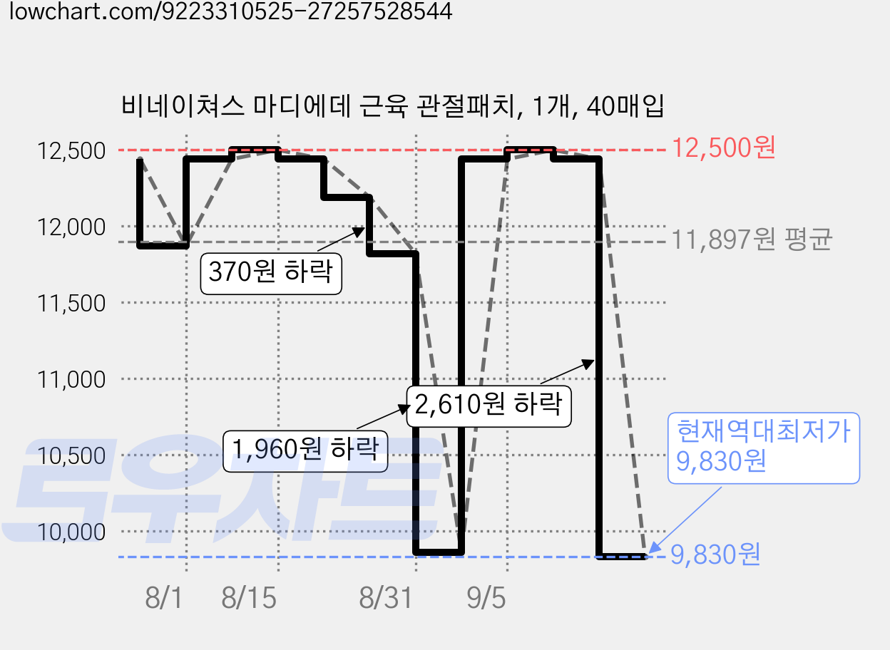 비네이쳐스 마디에데 근육 관절패치, 1개, 40매입 가격 변동 차트, 현재가 9,830원, 역대최저가