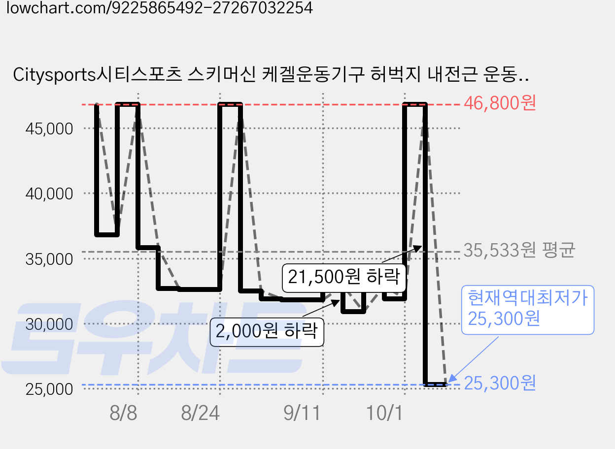 Citysports시티스포츠 스키머신 케겔운동기구 허벅지 내전근 운동기구 접이식 하체 힙업 다리운동기구 무소음 실내 운동기구, 그레이 가격 변동 차트, 현재가 25,300원, 역대최저가