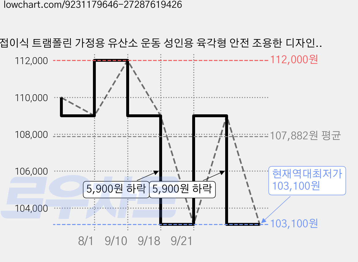 접이식 트램폴린 가정용 유산소 운동 성인용 육각형 안전 조용한 디자인 조절식 손잡이 장착 48inch, 흑색 가격 변동 차트, 현재가 103,100원, 역대최저가