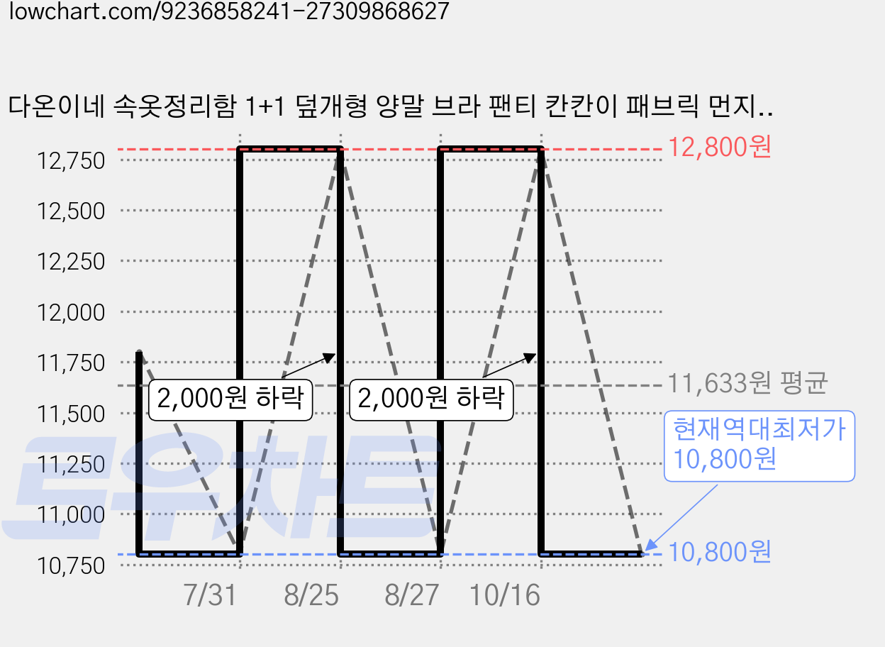 다온이네 속옷정리함 1+1 덮개형 양말 브라 팬티 칸칸이 패브릭 먼지차단 서랍정리함, 2개, 그레이 가격 변동 차트, 현재가 10,800원, 역대최저가