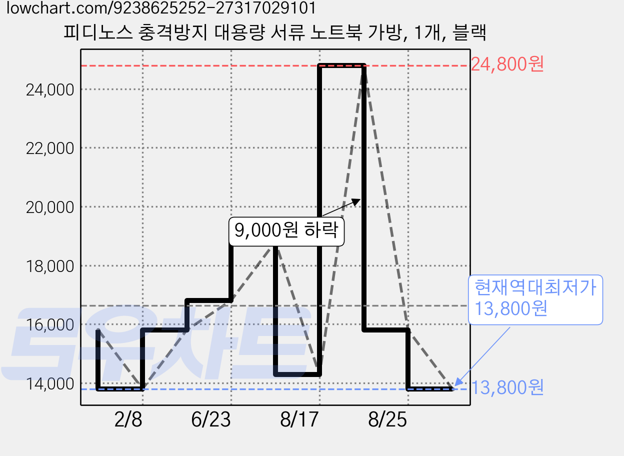 피디노스 충격방지 대용량 서류 노트북 가방, 1개, 블랙 가격 변동 차트, 현재가 13,800원, 역대최저가