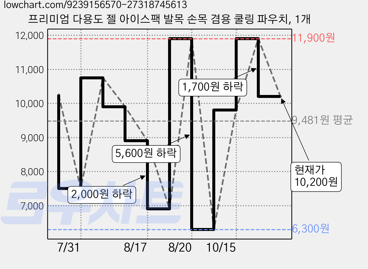 프리미엄 다용도 젤 아이스팩 발목 손목 겸용 쿨링 파우치, 1개 가격 변동 차트, 현재가 10,200원, 관측 최저가 6,300원