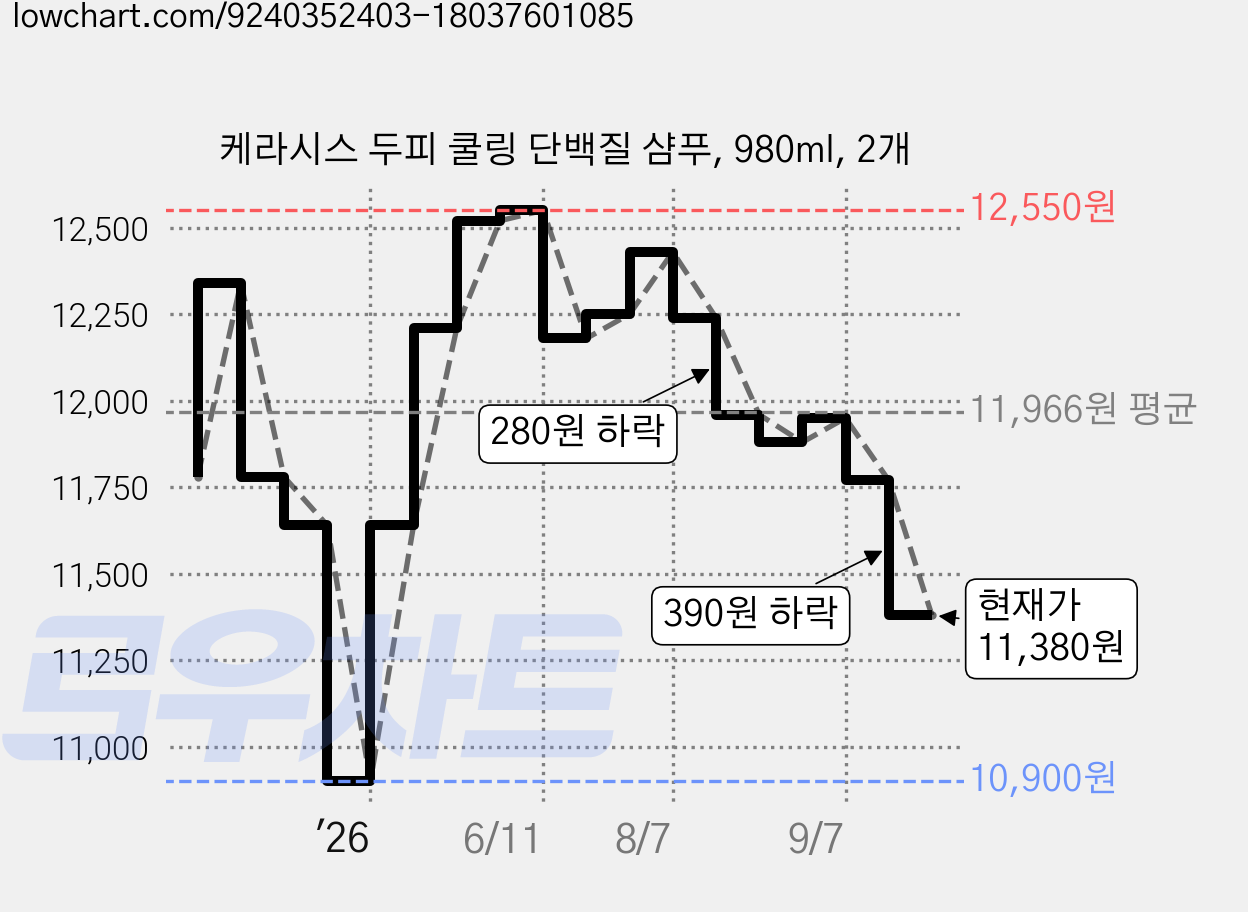 케라시스 두피 쿨링 단백질 샴푸, 980ml, 2개 가격 변동 차트, 현재가 11,380원, 관측 최저가 10,900원