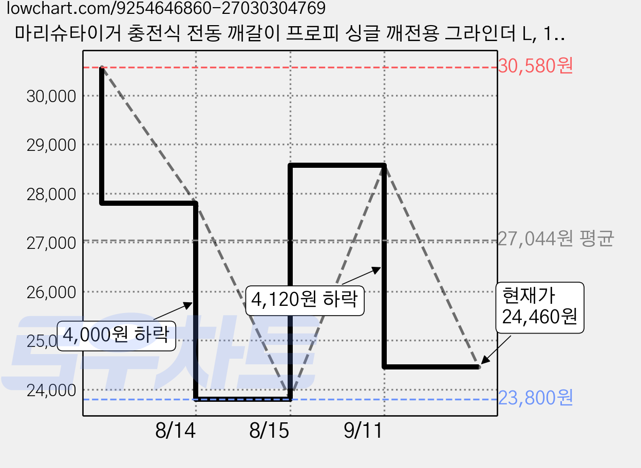 마리슈타이거 충전식 전동 깨갈이 프로피 싱글 깨전용 그라인더 L, 150ml, 1개 가격 변동 차트, 현재가 24,460원, 관측 최저가 23,800원