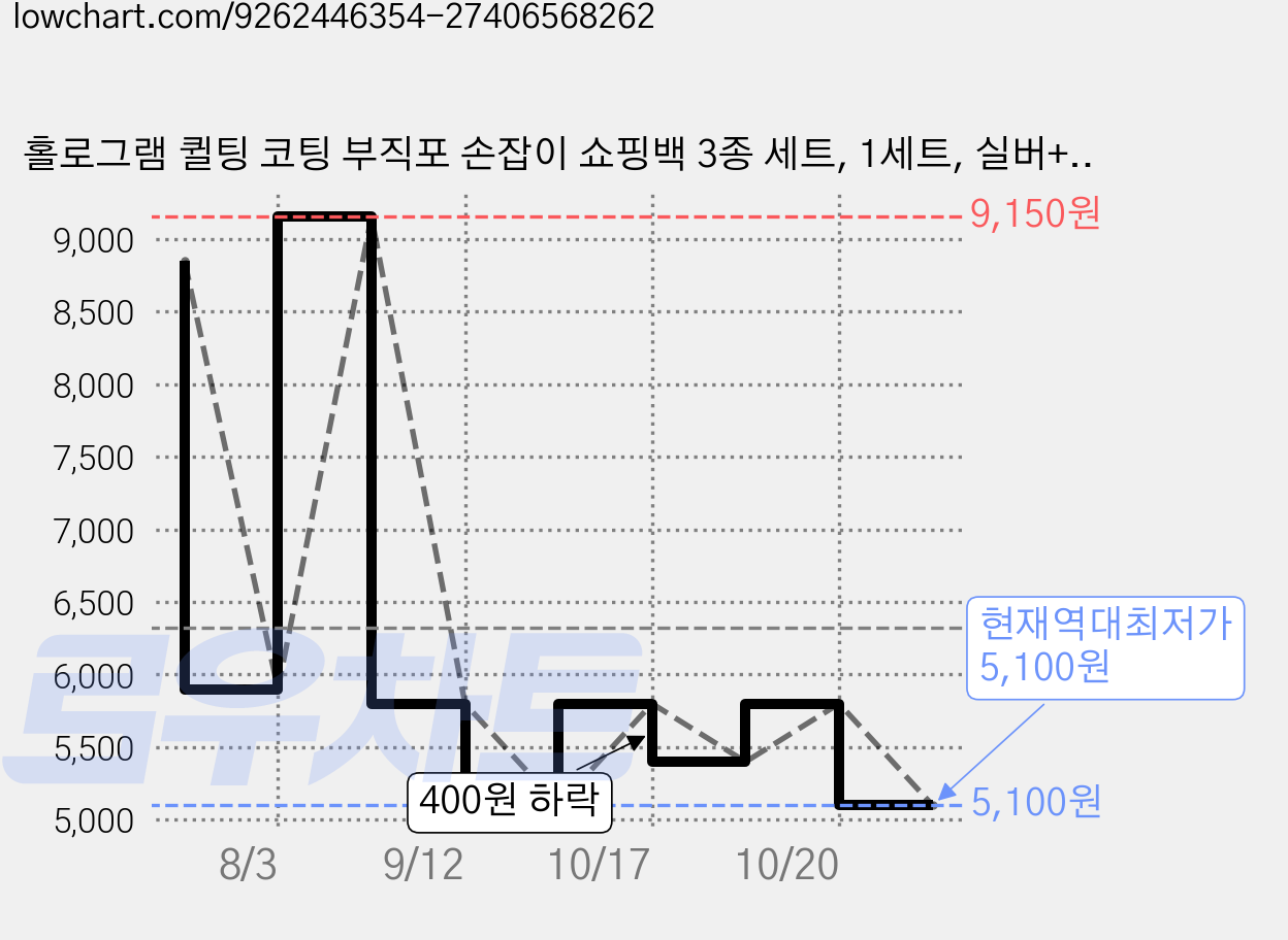 홀로그램 퀼팅 코팅 부직포 손잡이 쇼핑백 3종 세트, 1세트, 실버+골드+로즈골드 가격 변동 차트, 현재가 5,100원, 역대최저가