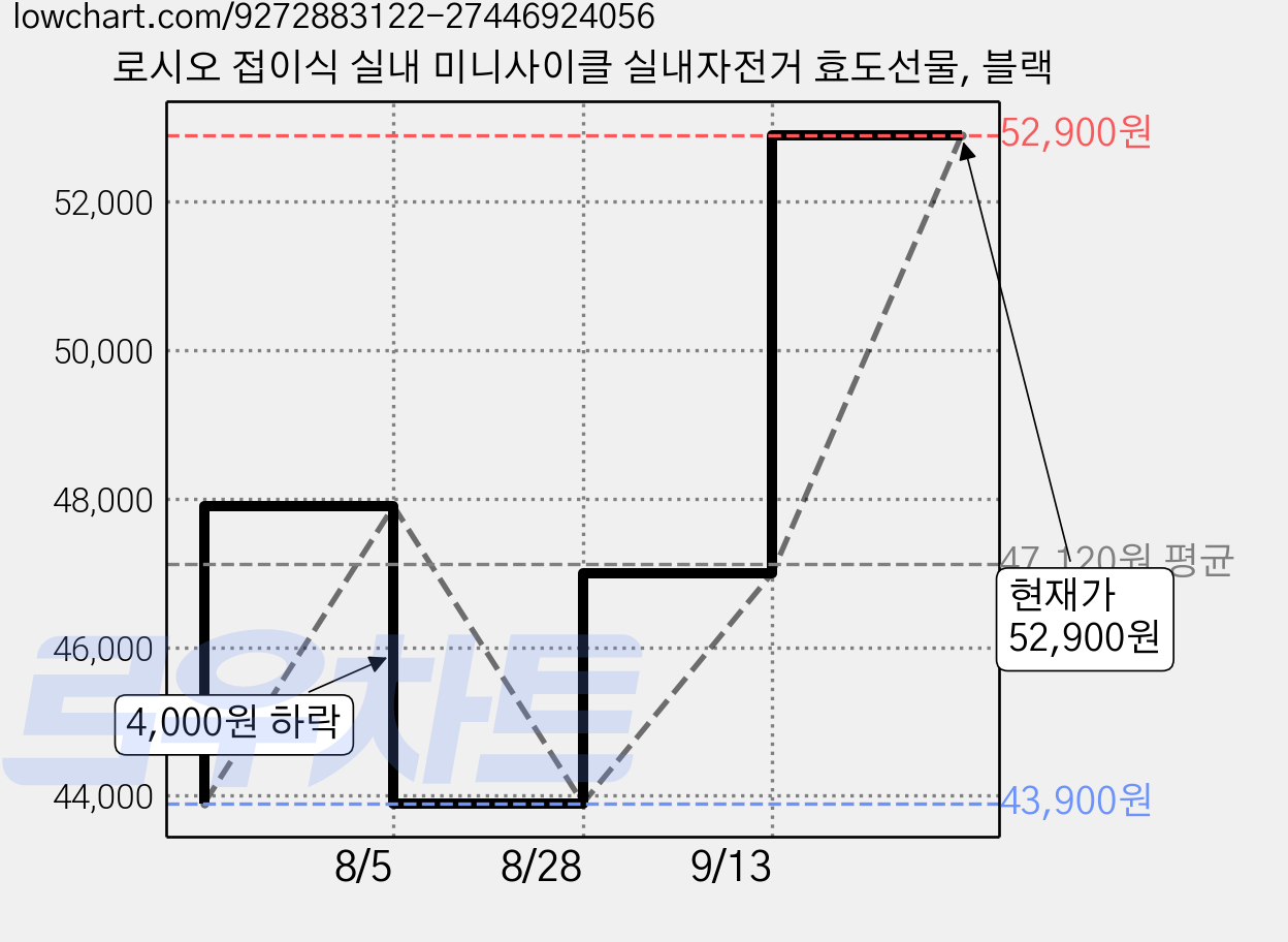 로시오 접이식 실내 미니사이클 실내자전거 효도선물, 블랙 가격 변동 차트, 현재가 52,900원, 관측 최저가 43,900원
