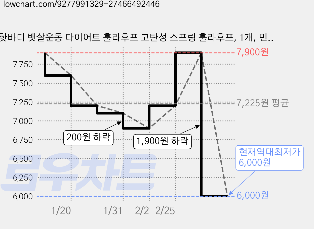 핫바디 뱃살운동 다이어트 훌라후프 고탄성 스프링 훌라후프, 1개, 민트 핑크 그레이, 1000g 가격 변동 차트, 현재가 6,000원, 역대최저가