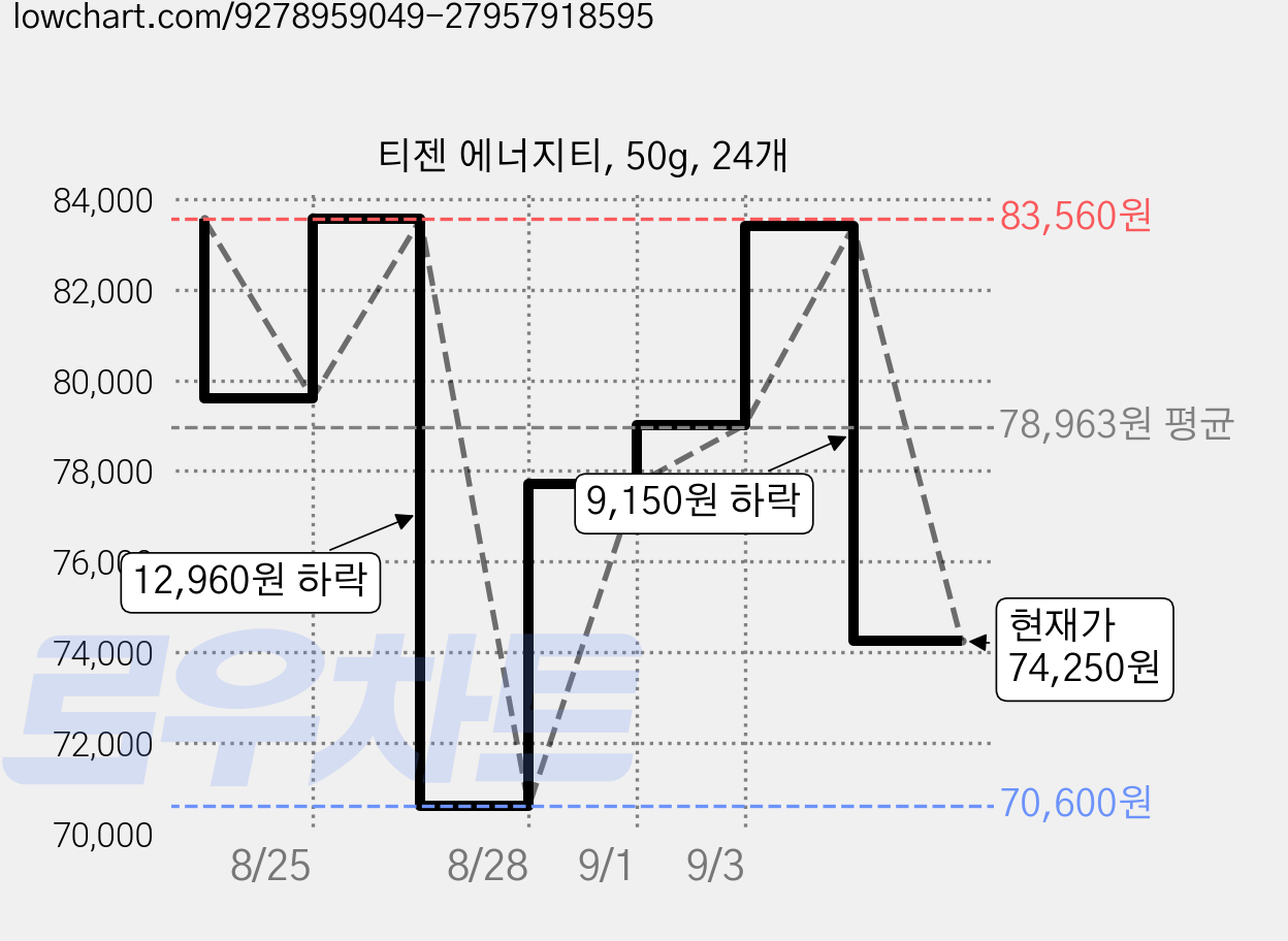 티젠 에너지티, 50g, 24개 가격 변동 차트, 현재가 74,250원, 관측 최저가 70,600원
