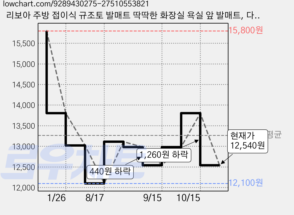 리보아 주방 접이식 규조토 발매트 딱딱한 화장실 욕실 앞 발매트, 다크그레이 가격 변동 차트, 현재가 12,540원, 관측 최저가 12,100원