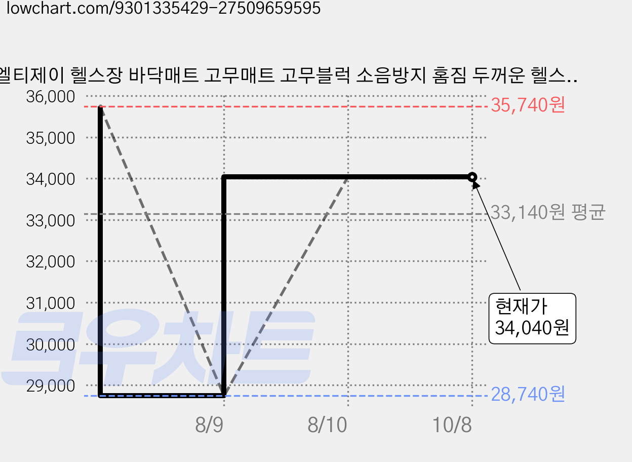 엘티제이 헬스장 바닥매트 고무매트 고무블럭 소음방지 홈짐 두꺼운 헬스매트, 3개, 블랙 가격 변동 차트, 현재가 34,040원, 관측 최저가 28,740원