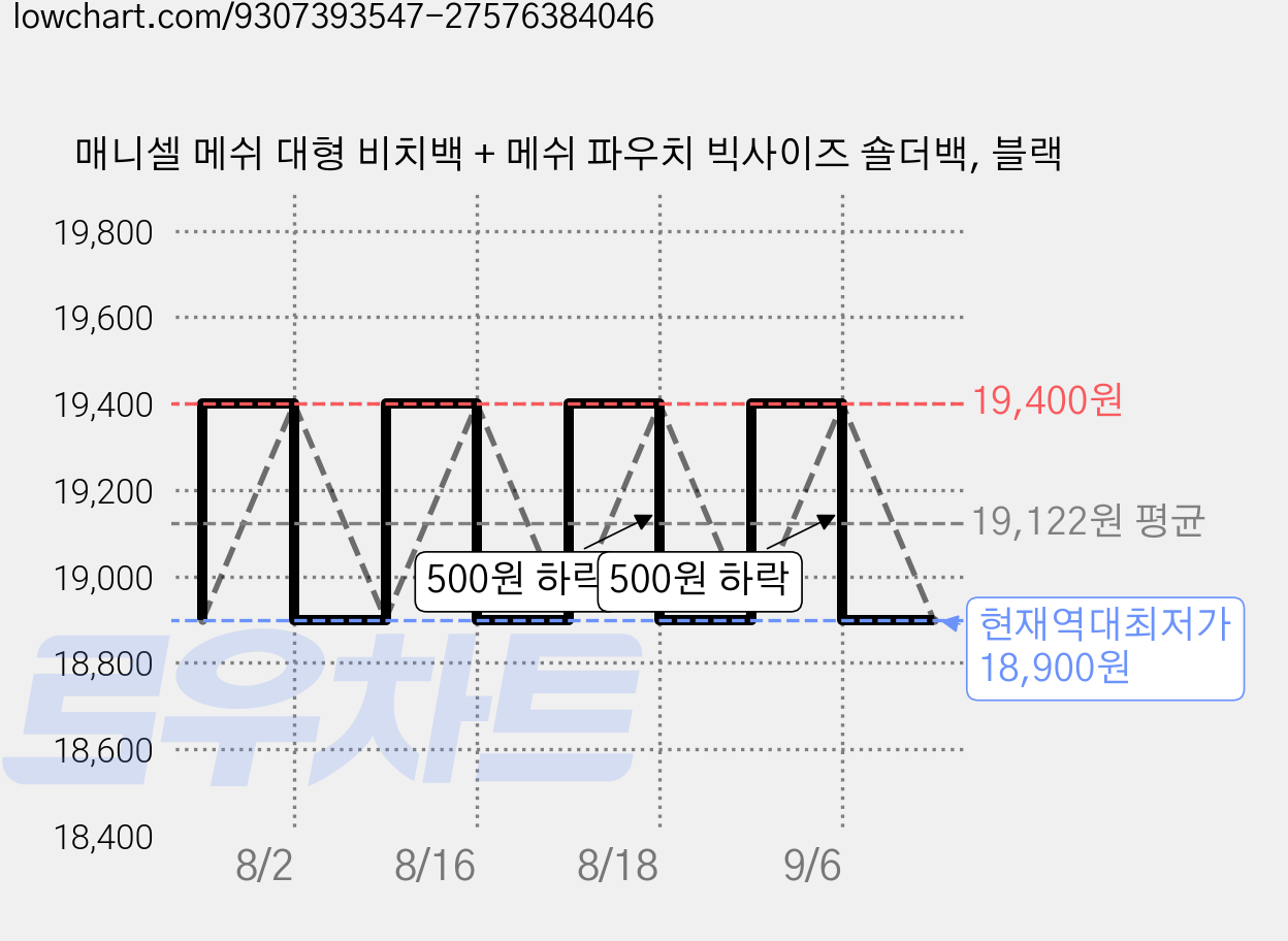매니셀 메쉬 대형 비치백 + 메쉬 파우치 빅사이즈 숄더백, 블랙 가격 변동 차트, 현재가 18,900원, 역대최저가