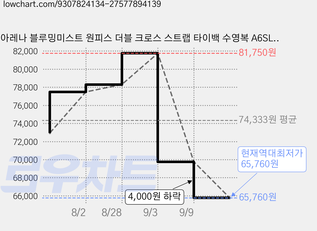 아레나 블루밍미스트 원피스 더블 크로스 스트랩 타이백 수영복 A6SL1LO63 가격 변동 차트, 현재가 65,760원, 역대최저가