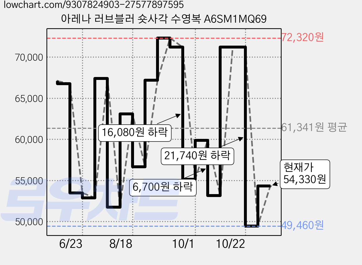 아레나 러브블러 숏사각 수영복 A6SM1MQ69 가격 변동 차트, 현재가 51,590원, 관측 최저가 49,460원