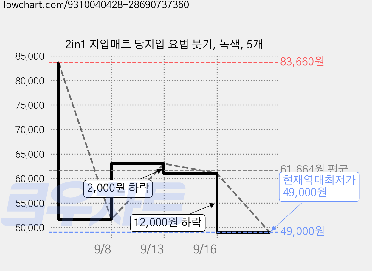 2in1 지압매트 당지압 요법 붓기, 녹색, 5개 가격 변동 차트, 현재가 49,000원, 역대최저가
