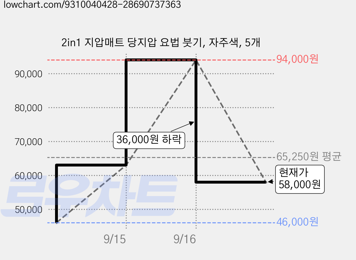 2in1 지압매트 당지압 요법 붓기, 자주색, 5개 가격 변동 차트, 현재가 58,000원, 관측 최저가 46,000원