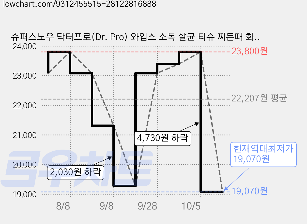 슈퍼스노우 닥터프로(Dr. Pro) 와입스 소독 살균 티슈 찌든때 화장실 곰팡이 억제 병원용 요양병원 관리 환경 감염, 2개 가격 변동 차트, 현재가 19,070원, 역대최저가