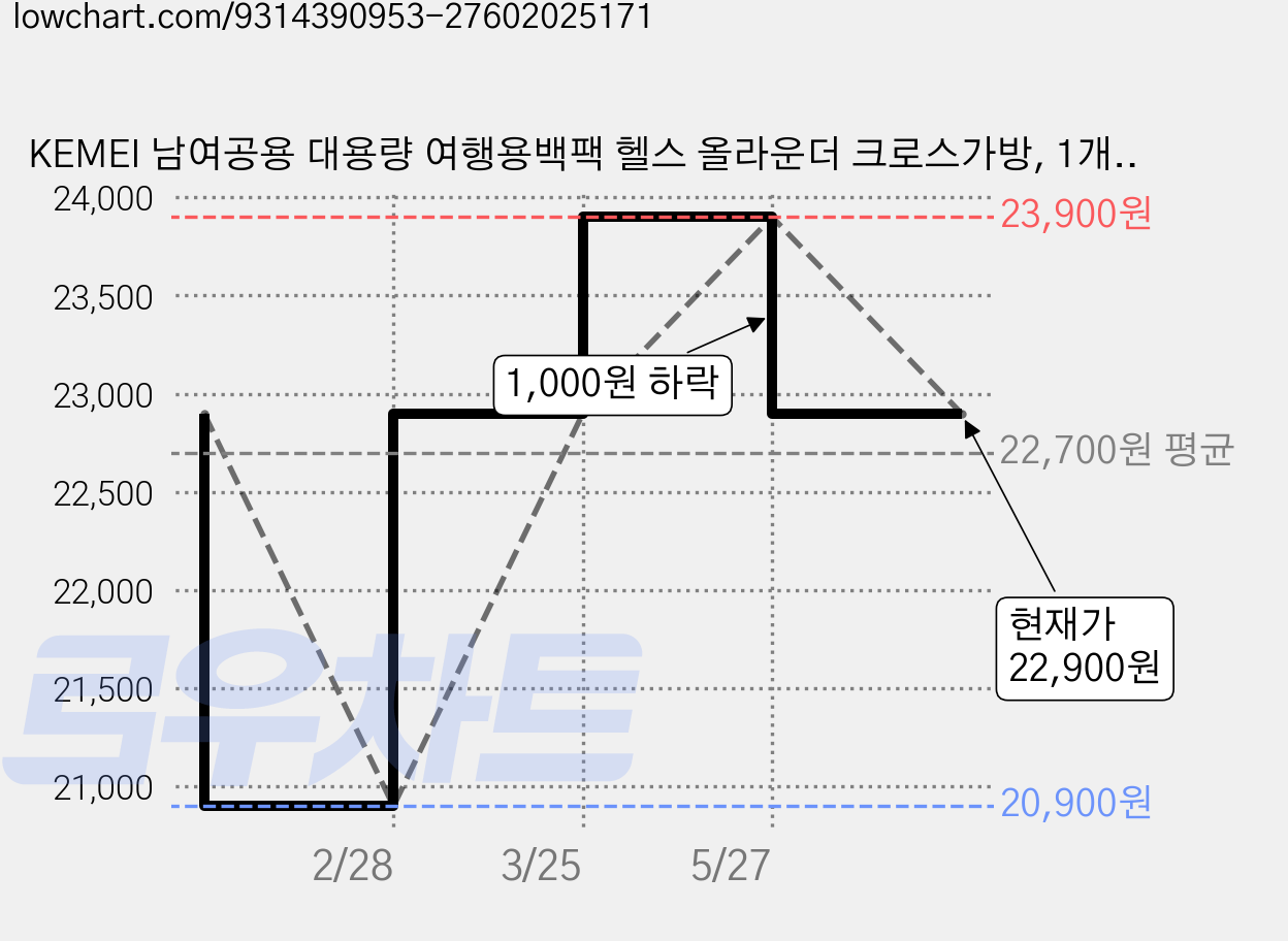 KEMEI 남여공용 대용량 여행용백팩 헬스 올라운더 크로스가방, 1개, 블랙 가격 변동 차트, 현재가 22,900원, 관측 최저가 20,900원