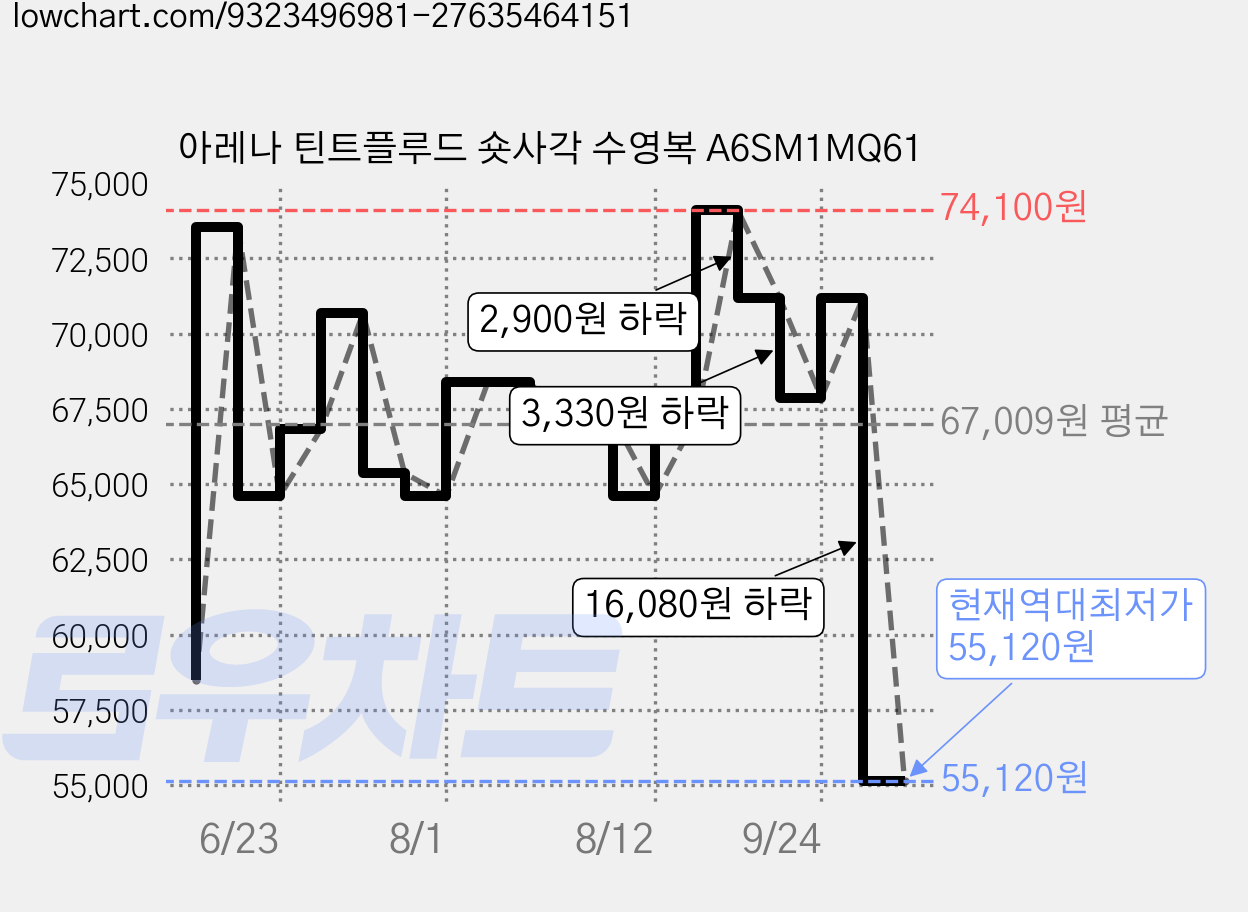 아레나 틴트플루드 숏사각 수영복 A6SM1MQ61 가격 변동 차트, 현재가 55,120원, 역대최저가