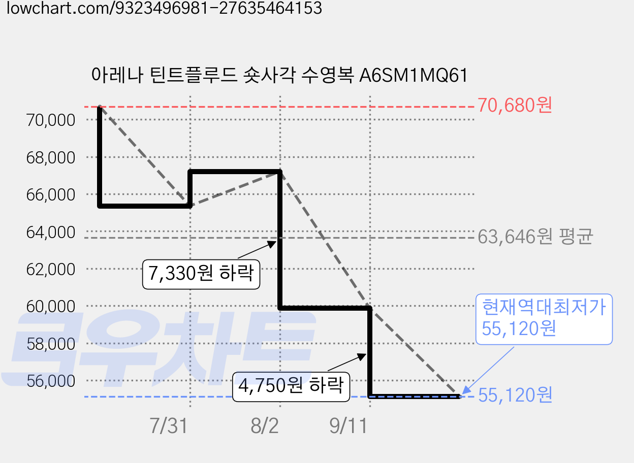 아레나 틴트플루드 숏사각 수영복 A6SM1MQ61 가격 변동 차트, 현재가 55,120원, 역대최저가